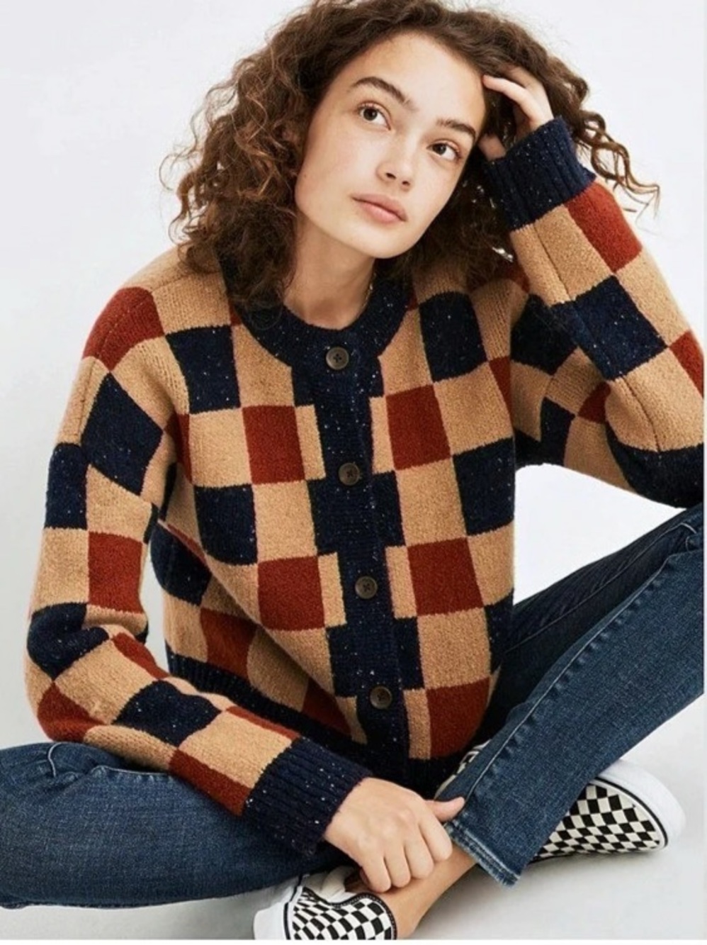 Madewell Checkered Colburne Cardigan Sweater in Coziest Textured Yarn Size XS